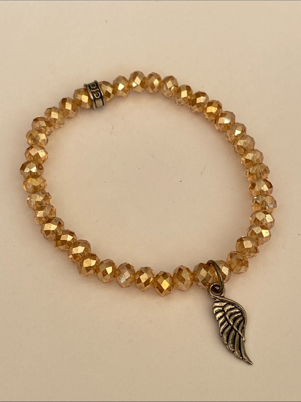 Gold Crystal Bead Stretch Bracelet with Angel Wing Charm - Gold